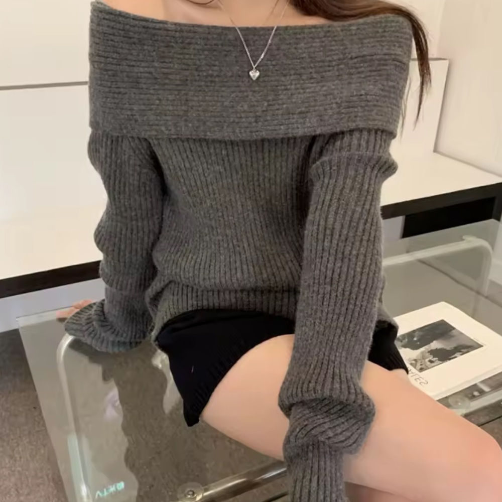 Gray Off-Shoulder Ribbed Sweater - Picture 2 of 2